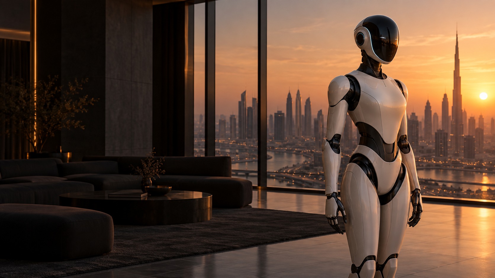 Concept humanoid against the Dubai skyline