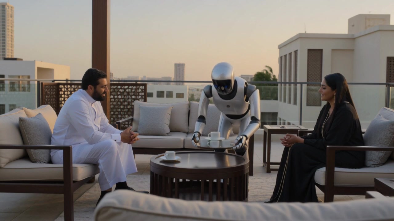 Concept robot with Emirati hosts in a majlis